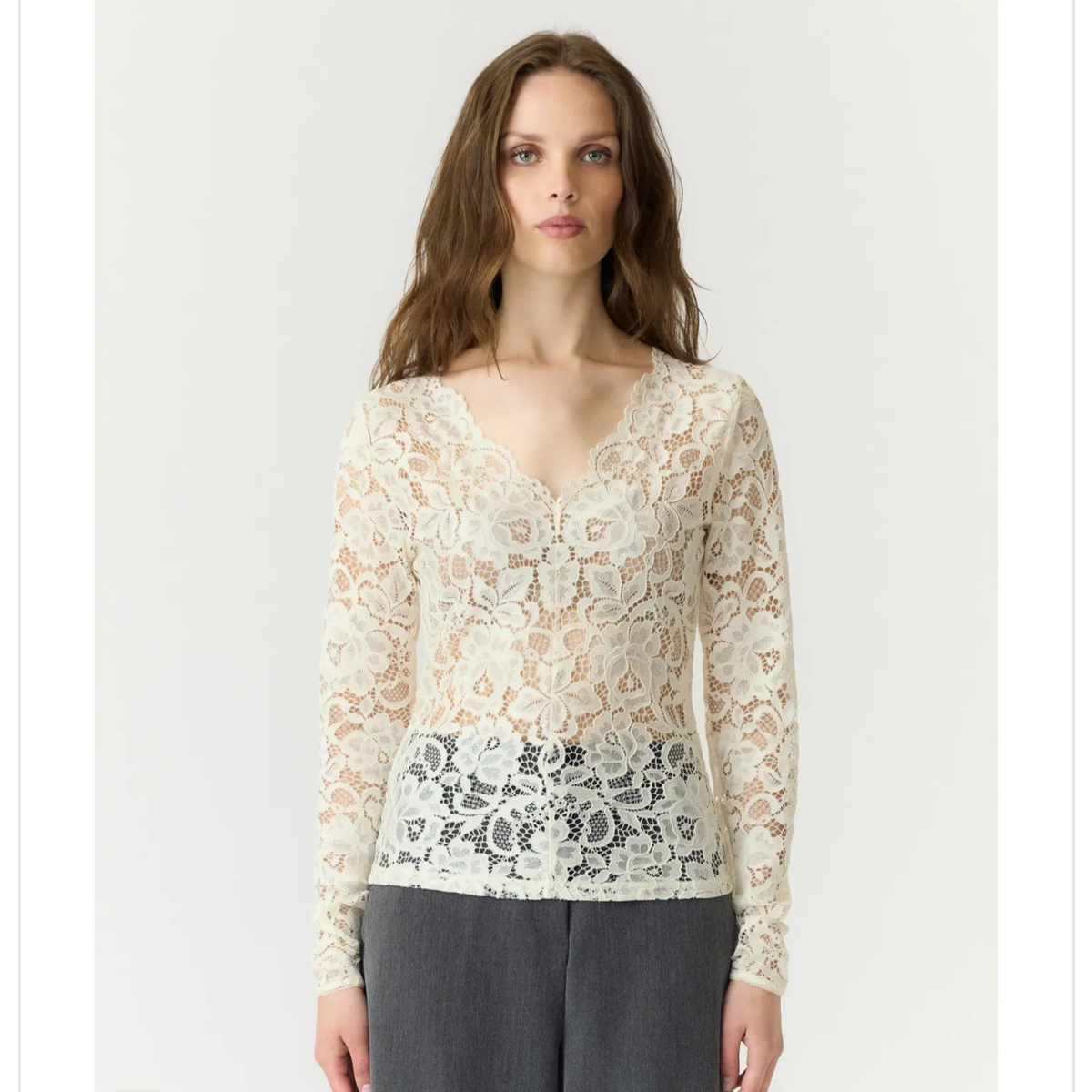YASLACEY LS V-NECK LACE TOP S. NOOS